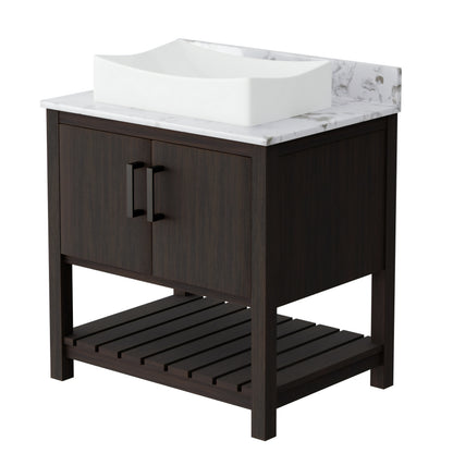 30-inch Novatto bath vanity with café mocha quartz countertop and sink, featuring sleek modern design and natural wood finish.