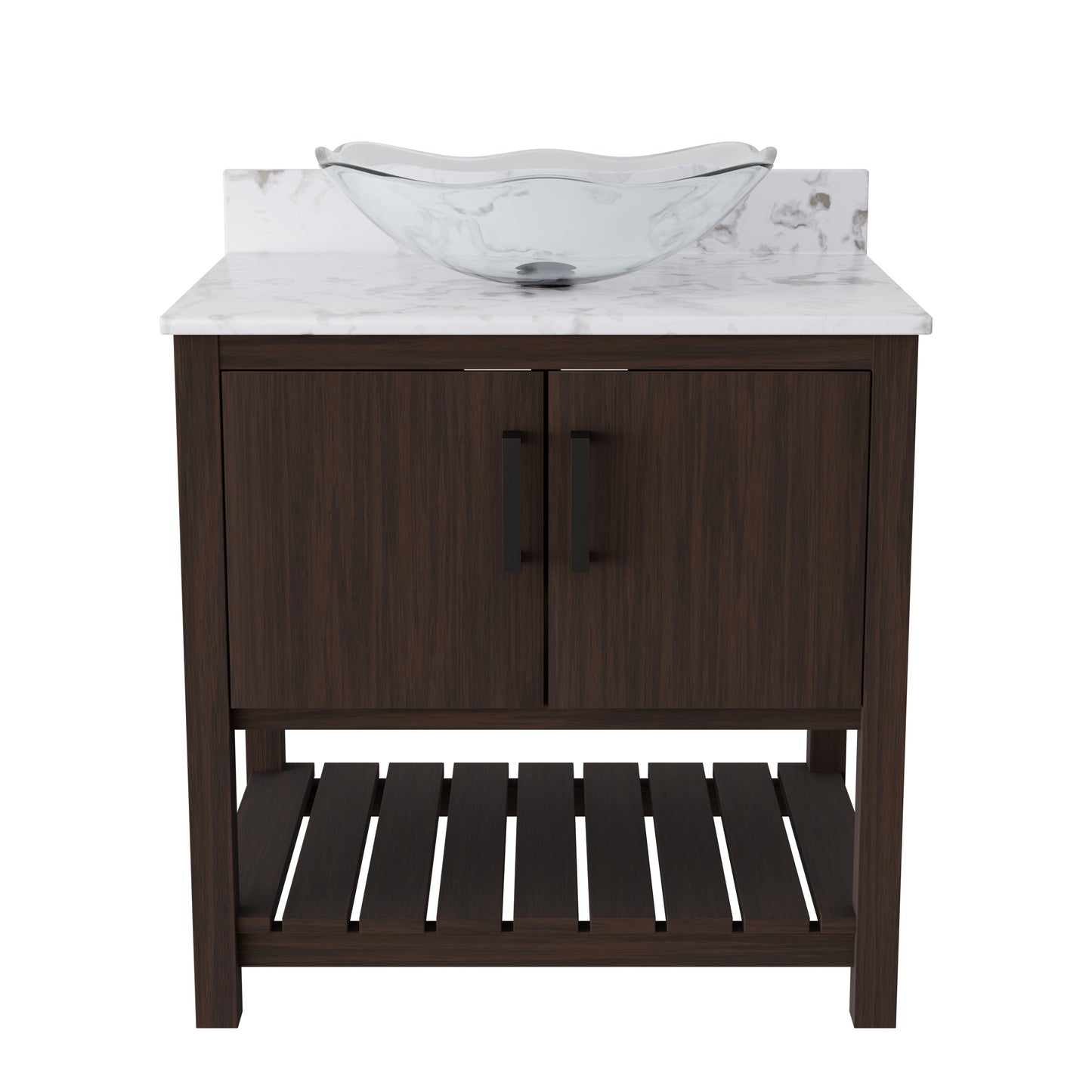 Novatto 30-inch bath vanity with café mocha quartz counter and sink, featuring modern bathroom accessory design.