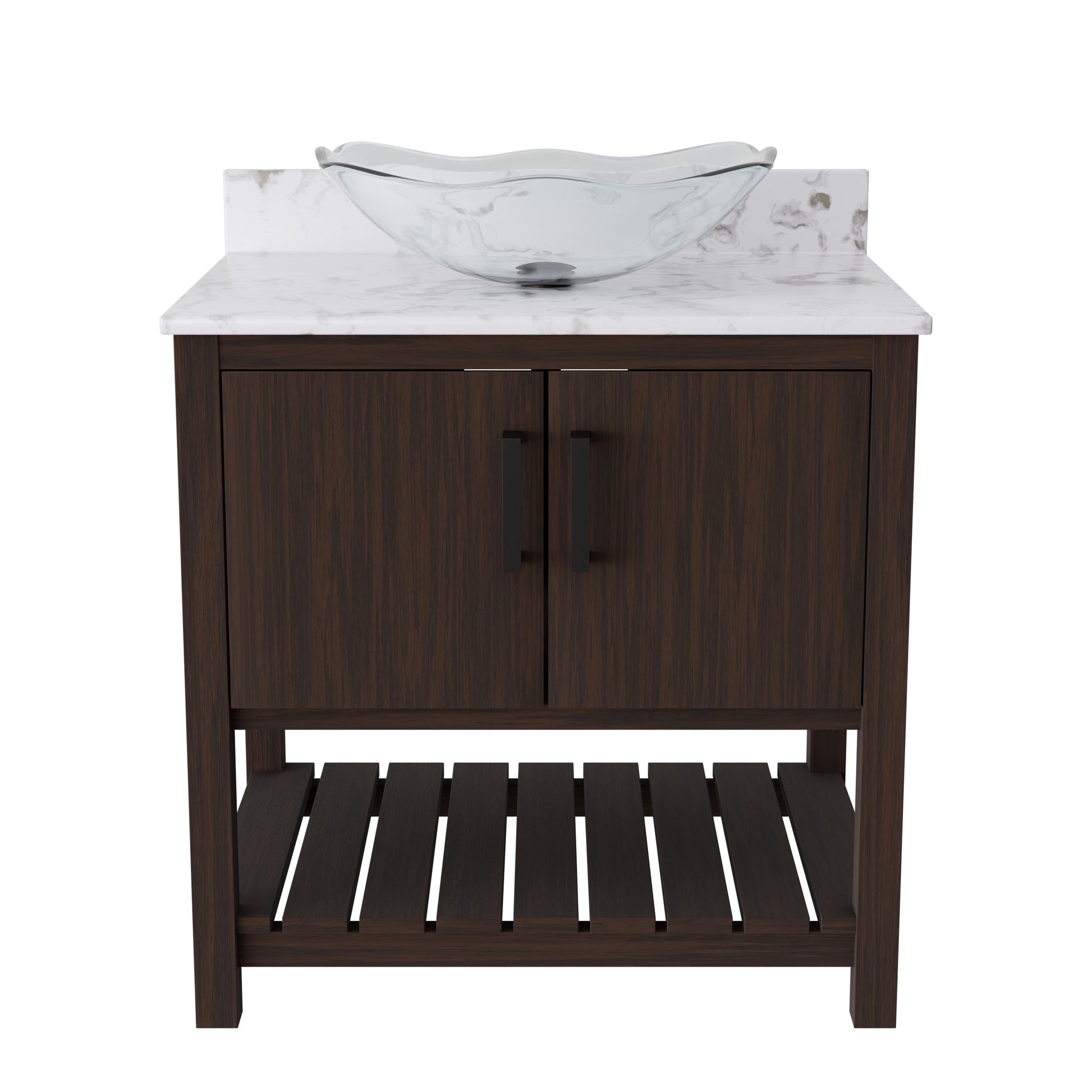Novatto 30-inch bath vanity with café mocha quartz counter and sink, featuring modern bathroom accessory design.