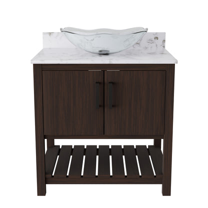 Novatto 30-inch bath vanity with café mocha quartz counter and sink, featuring modern bathroom accessory design.