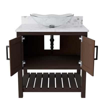 30-inch Novatto bath vanity with café mocha quartz countertop and sink, showcasing a modern bathroom accessory.