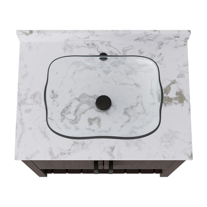 30-inch Novatto bathroom vanity with café mocha quartz countertop and integrated sink, featuring a sleek accessory design.
