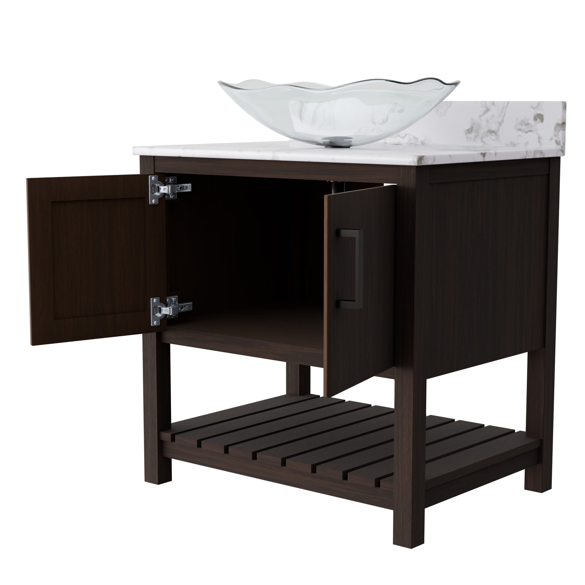 Novatto 30-inch bath vanity with café mocha quartz countertop and sink, showcasing modern bathroom accessory design.