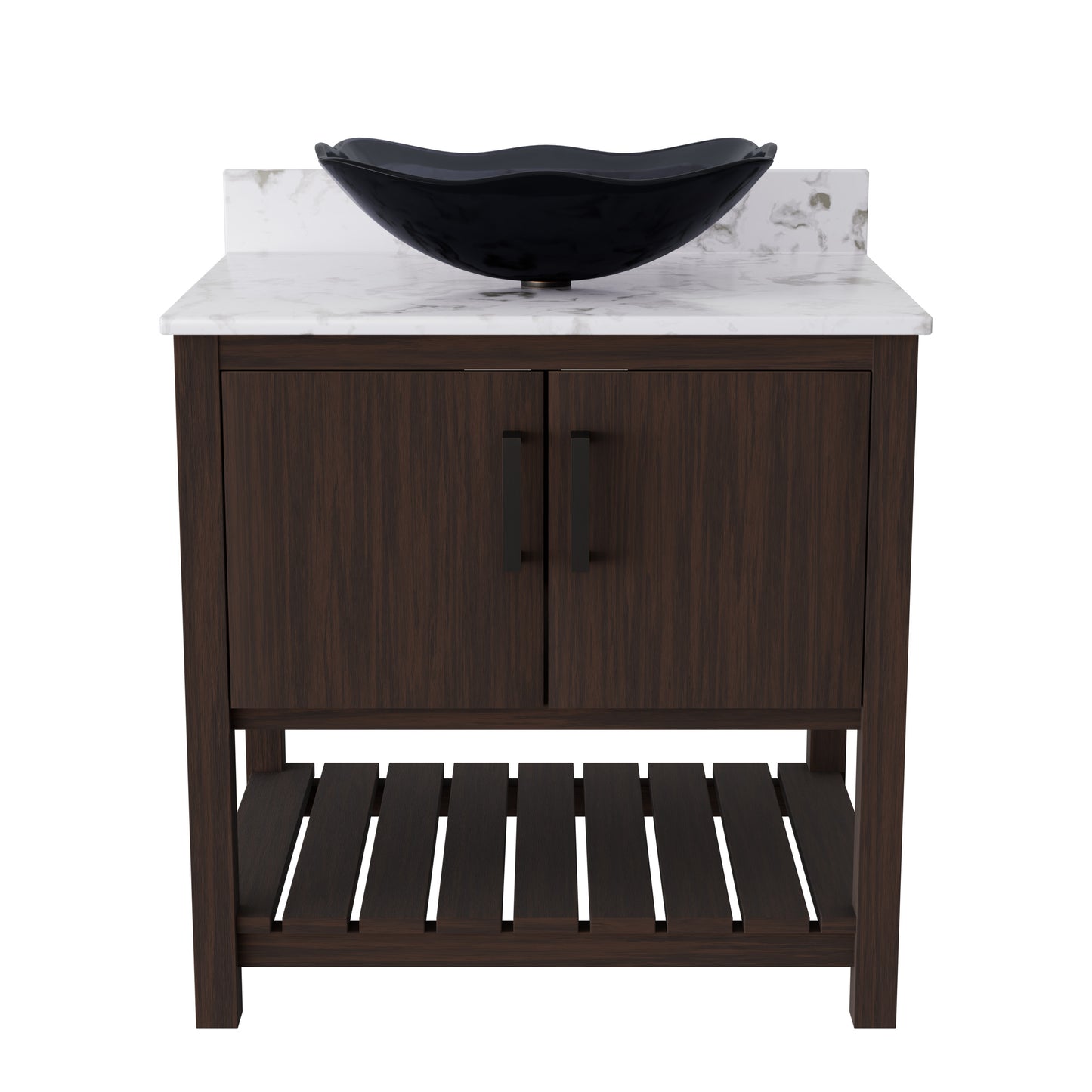 Novatto 30-inch bath vanity with café mocha quartz counter and sink, showcasing elegant bathroom accessory design.