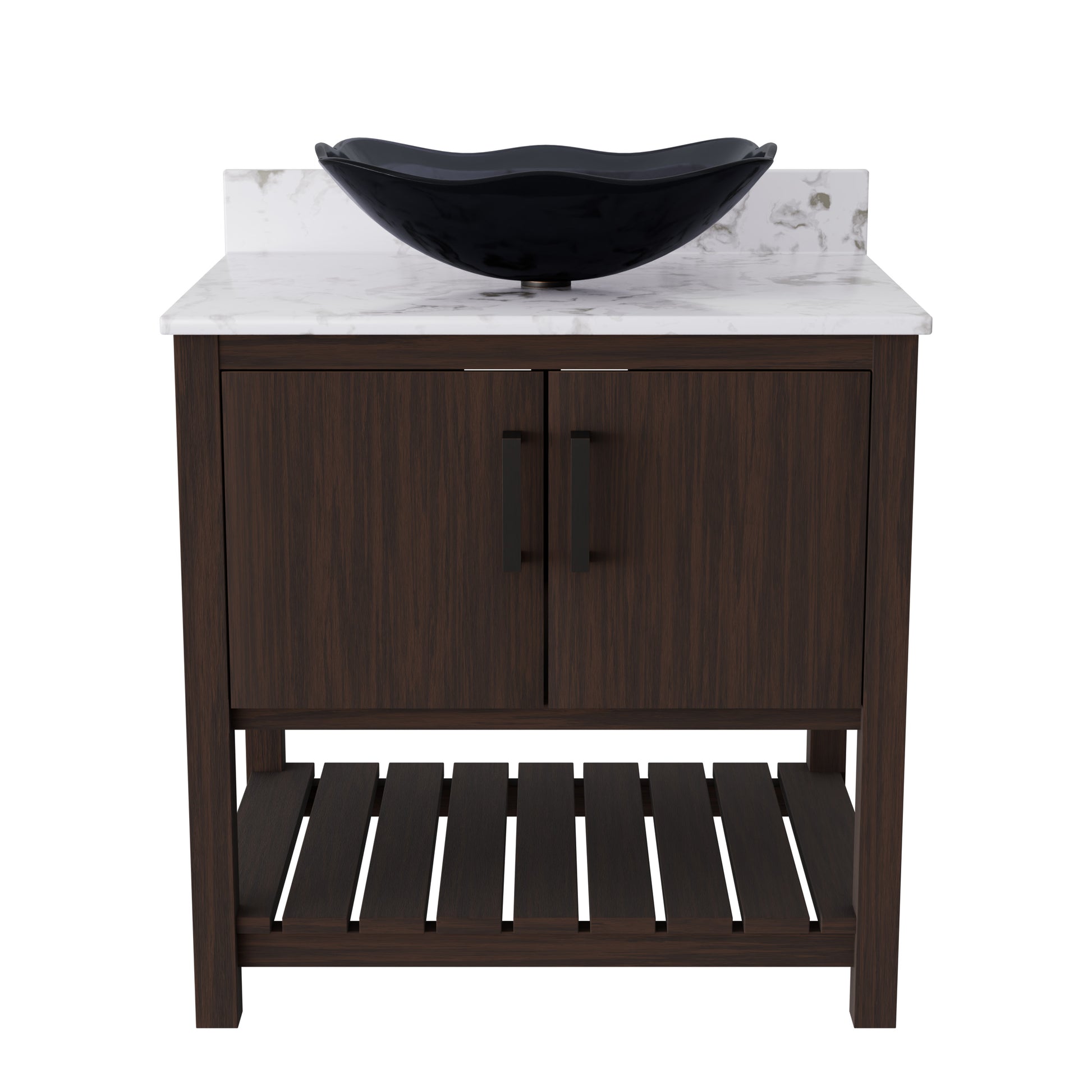 Novatto 30-inch bath vanity with café mocha quartz counter and sink, showcasing elegant bathroom accessory design.