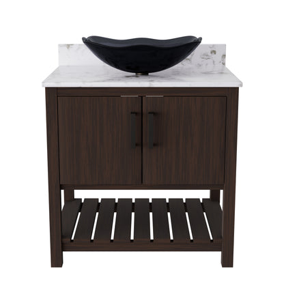 Novatto 30-inch bath vanity with café mocha quartz counter and sink, showcasing elegant bathroom accessory design.