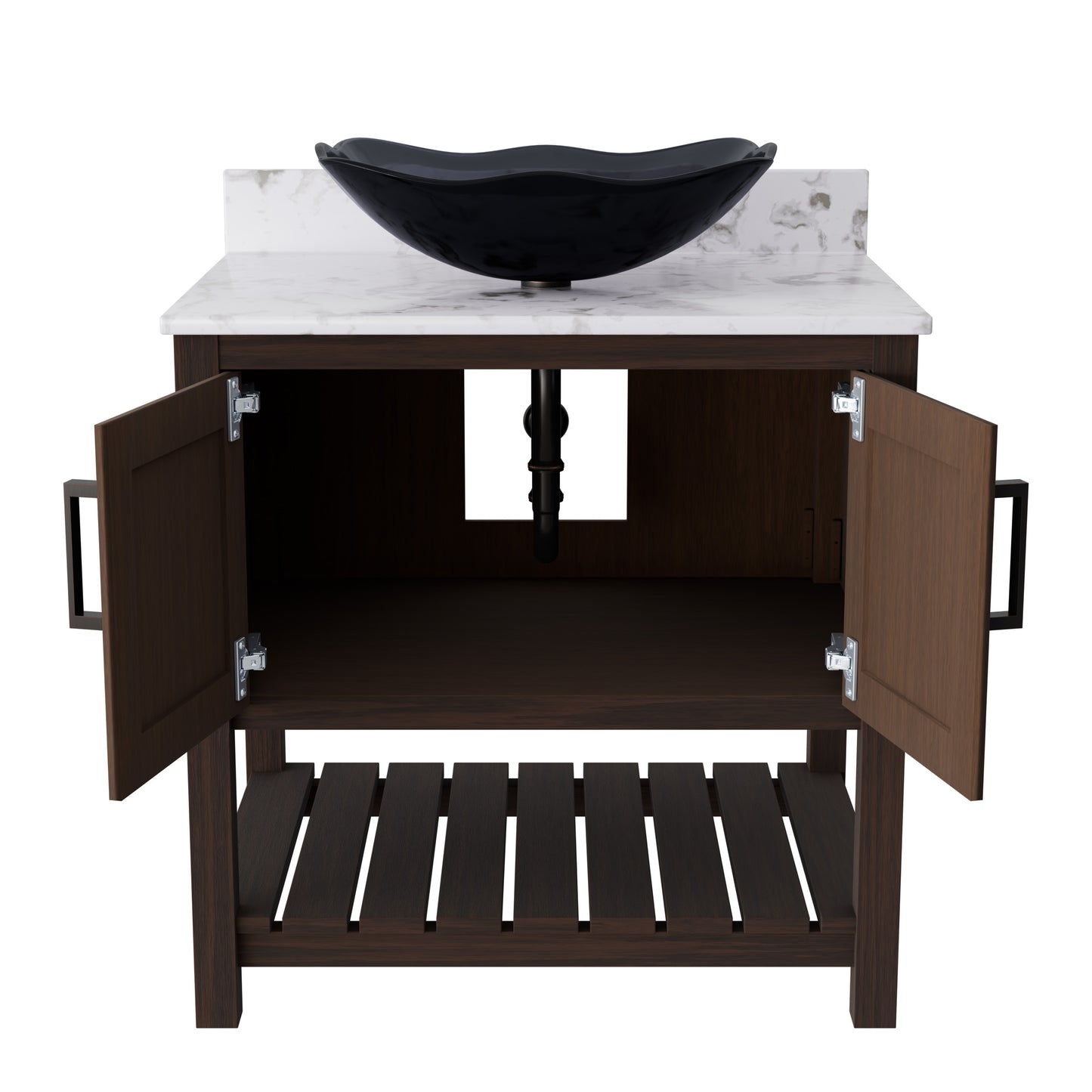 30-inch Novatto bath vanity with café mocha quartz countertop and sink, showcasing a sleek bathroom accessory design.