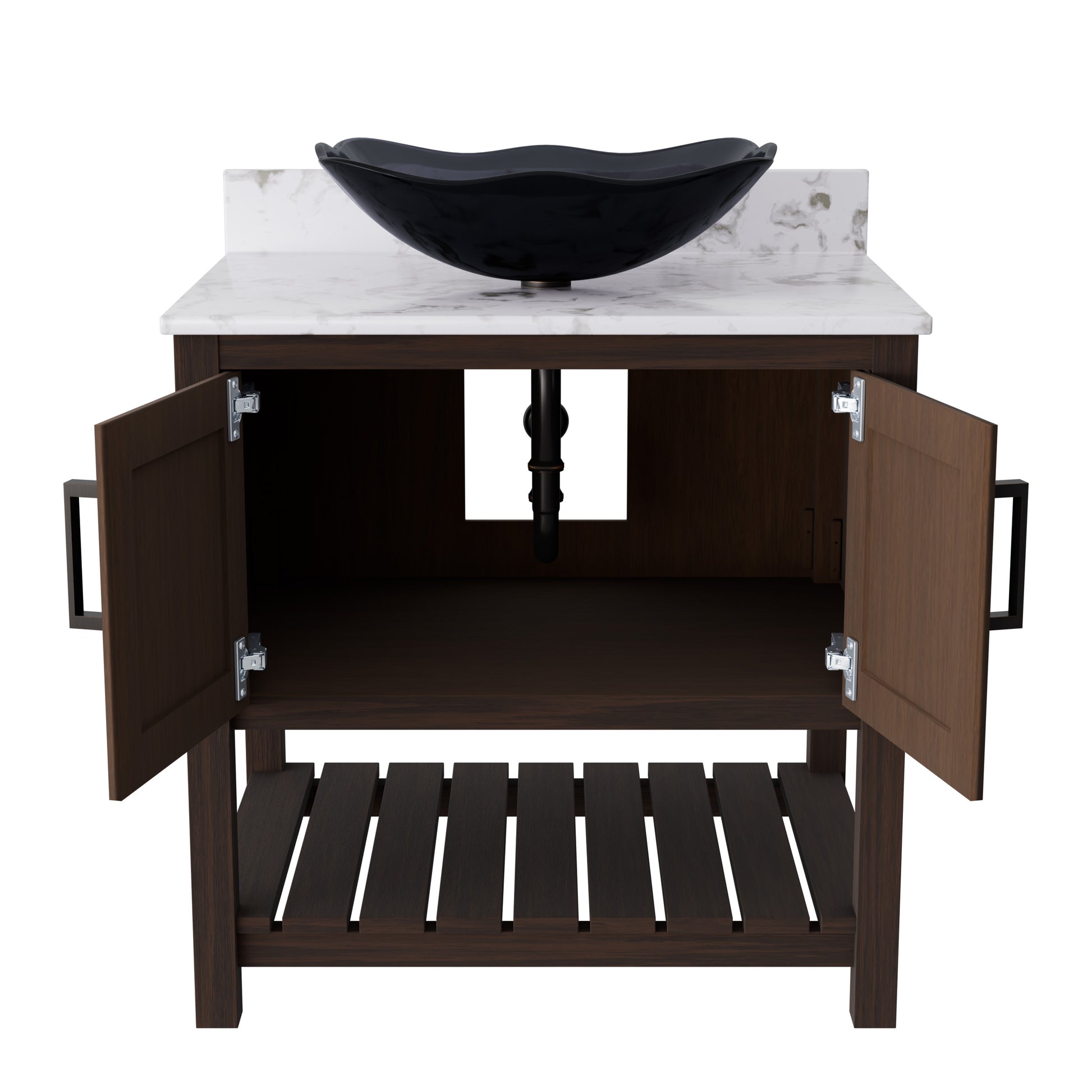 30-inch Novatto bath vanity with café mocha quartz countertop and sink, showcasing a sleek bathroom accessory design.