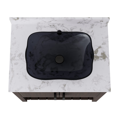 Novatto 30-inch bath vanity with café mocha quartz countertop and integrated sink, showcasing the elegant accessory design.