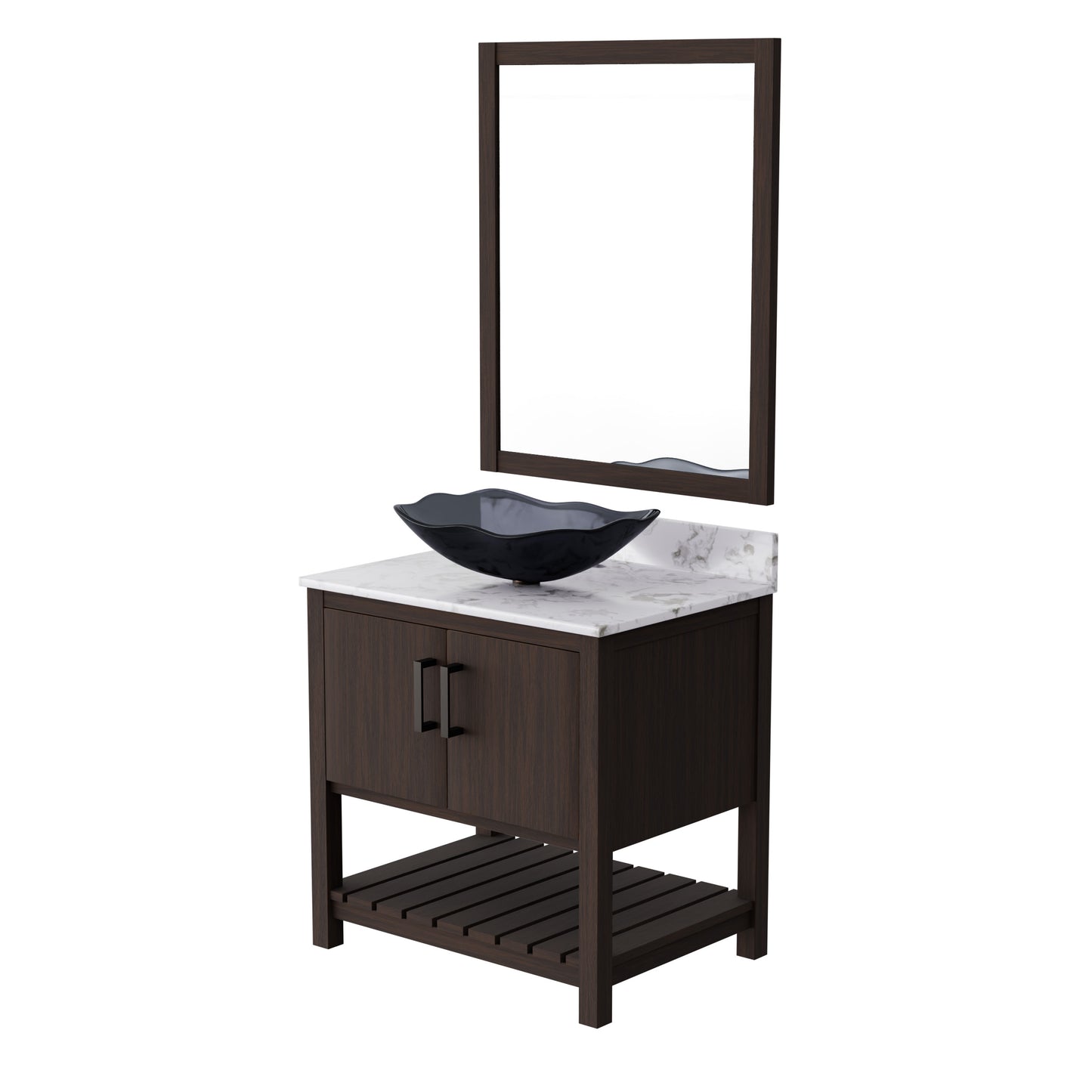 30-inch Novatto bath vanity with café mocha quartz countertop and sink, shown in a natural bathroom setting.