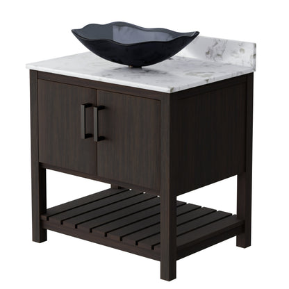 Novatto 30-inch bath vanity with café mocha quartz countertop and sink, shown with sleek modern design and stylish finish.