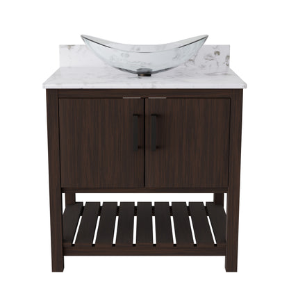 30-inch Novatto bath vanity with cafe mocha quartz countertop and sink, featuring modern design and durable materials.