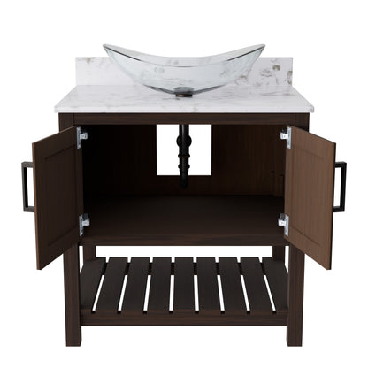 Novatto 30-inch bath vanity with cafe mocha quartz counter and integrated sink, showcasing sleek bathroom accessory design.