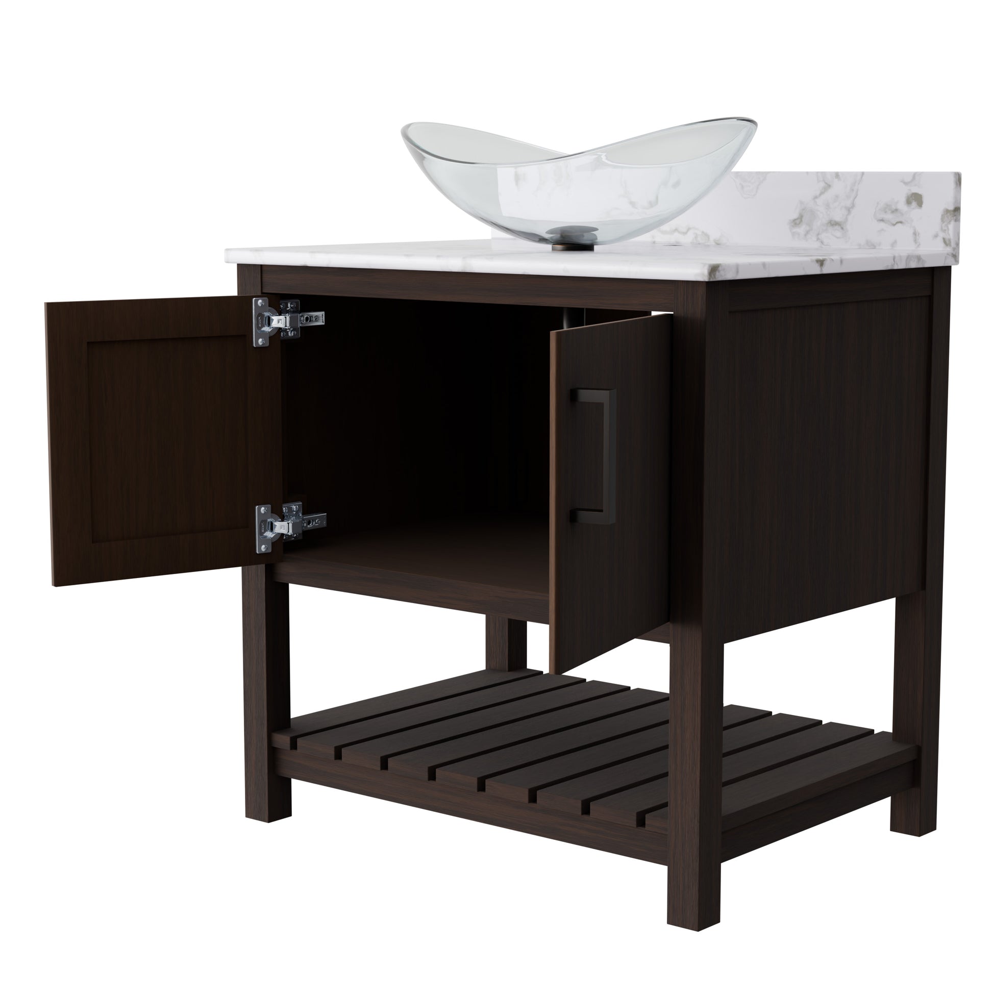 30-inch Novatto bath vanity with Cafe Mocha quartz counter and sink, featuring sleek modern design and warm wood finish.
