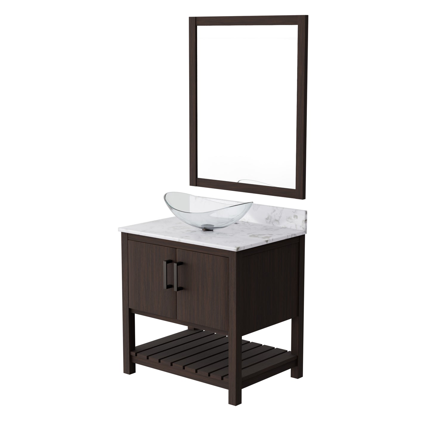 30-inch Novatto bath vanity with cafe mocha quartz countertop and integrated sink, showcasing sleek bathroom accessory design.