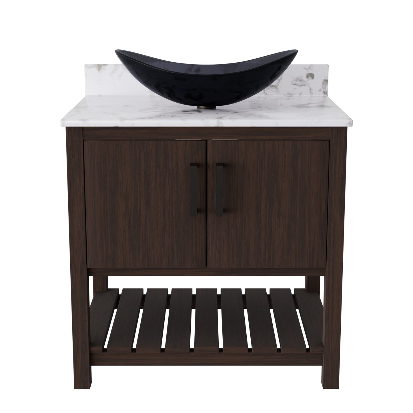 30-inch Novatto bath vanity with café mocha quartz countertop and sink, showcasing a modern bathroom accessory design.