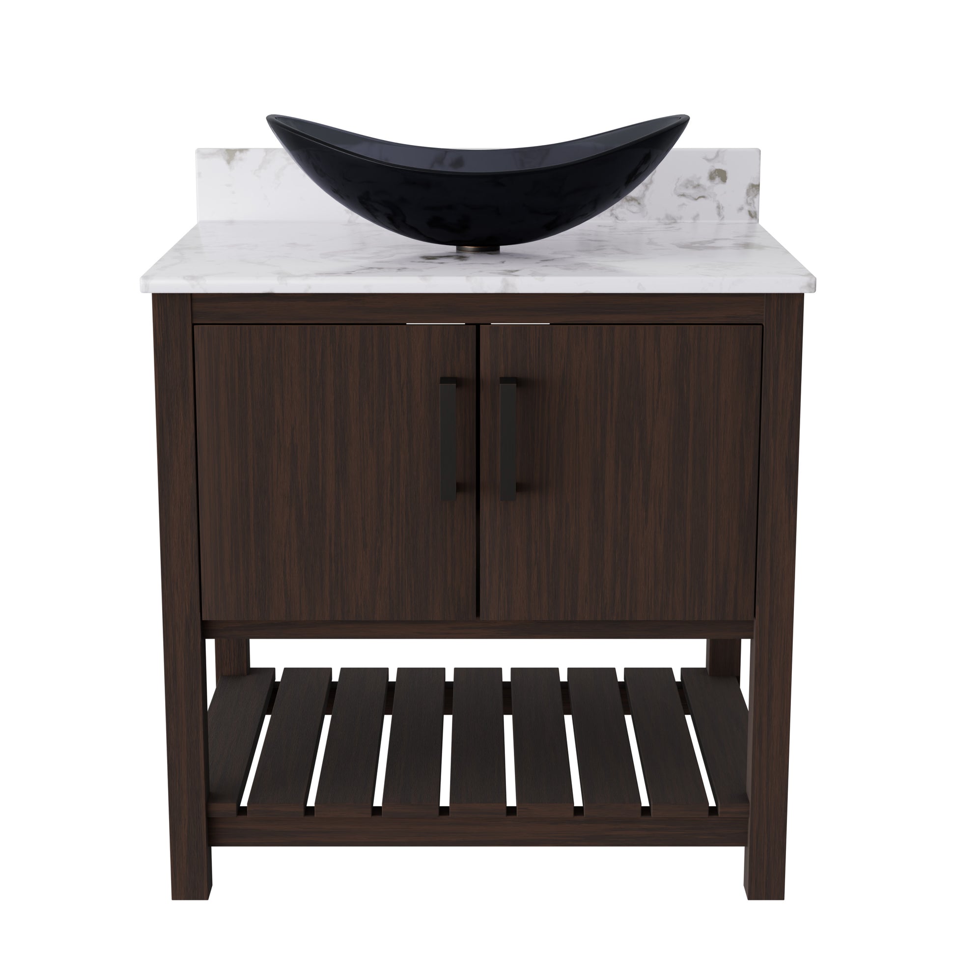 30-inch Novatto bath vanity with café mocha quartz countertop and sink, showcasing a modern bathroom accessory design.