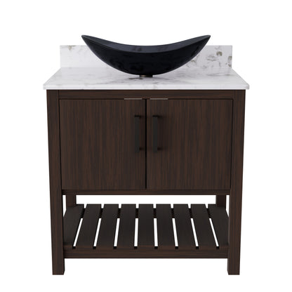 30-inch Novatto bath vanity with café mocha quartz countertop and sink, showcasing a modern bathroom accessory design.