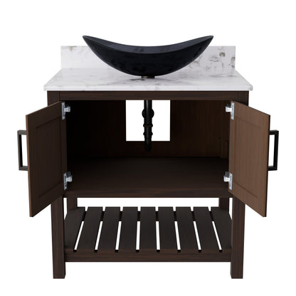 30-inch Novatto bath vanity with café mocha quartz countertop and sink, featuring modern accessory design.
