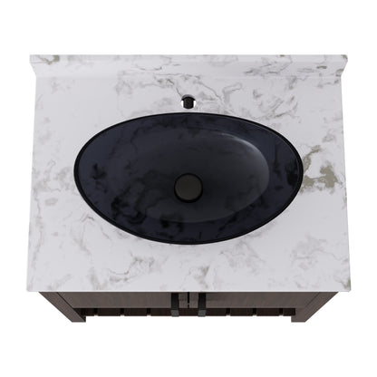 Novatto 30-inch bath vanity with café mocha quartz countertop and sink, showcasing a sleek bathroom accessory design.