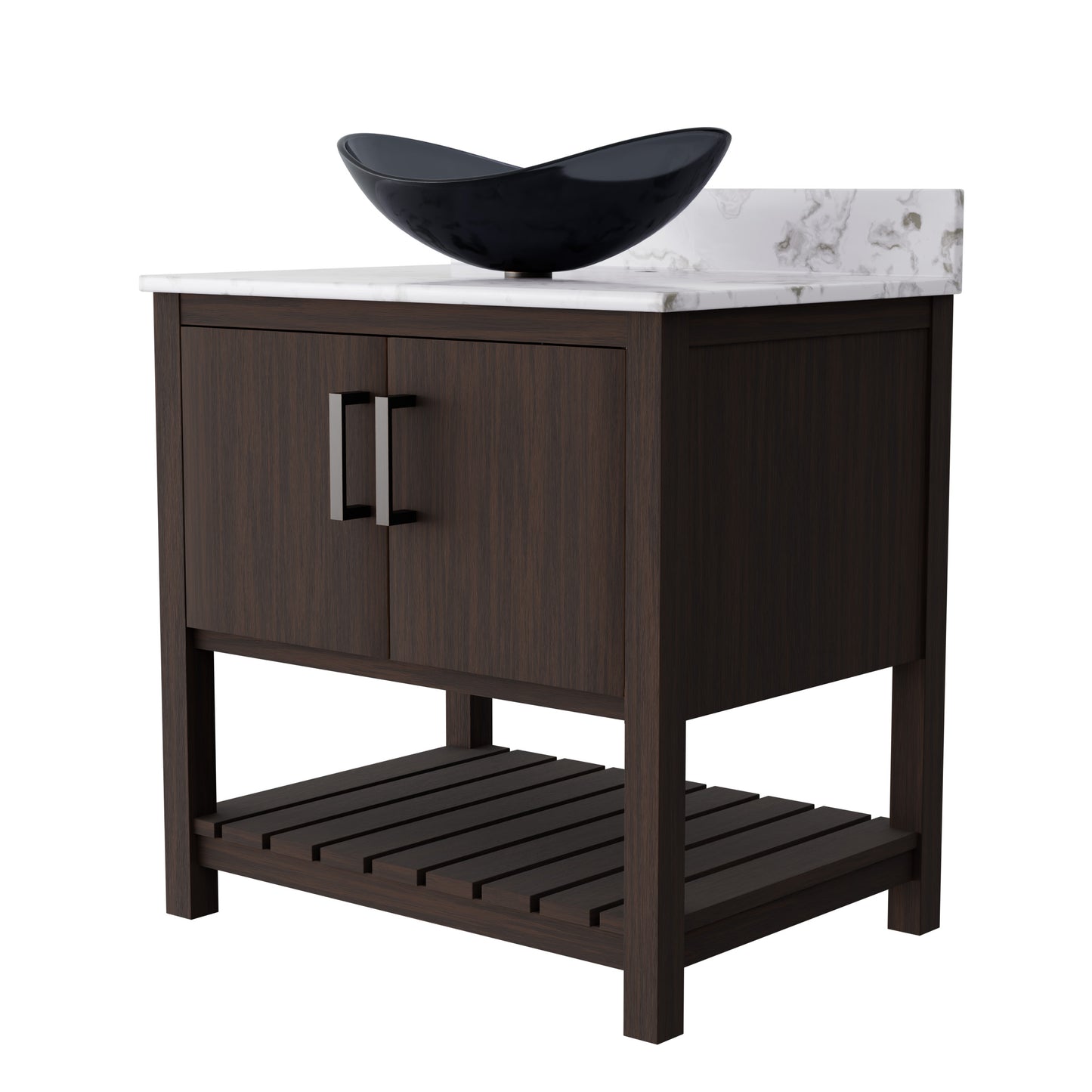 30-inch Novatto bathroom vanity with café mocha quartz countertop and integrated sink, showcasing sleek bathroom accessory design.