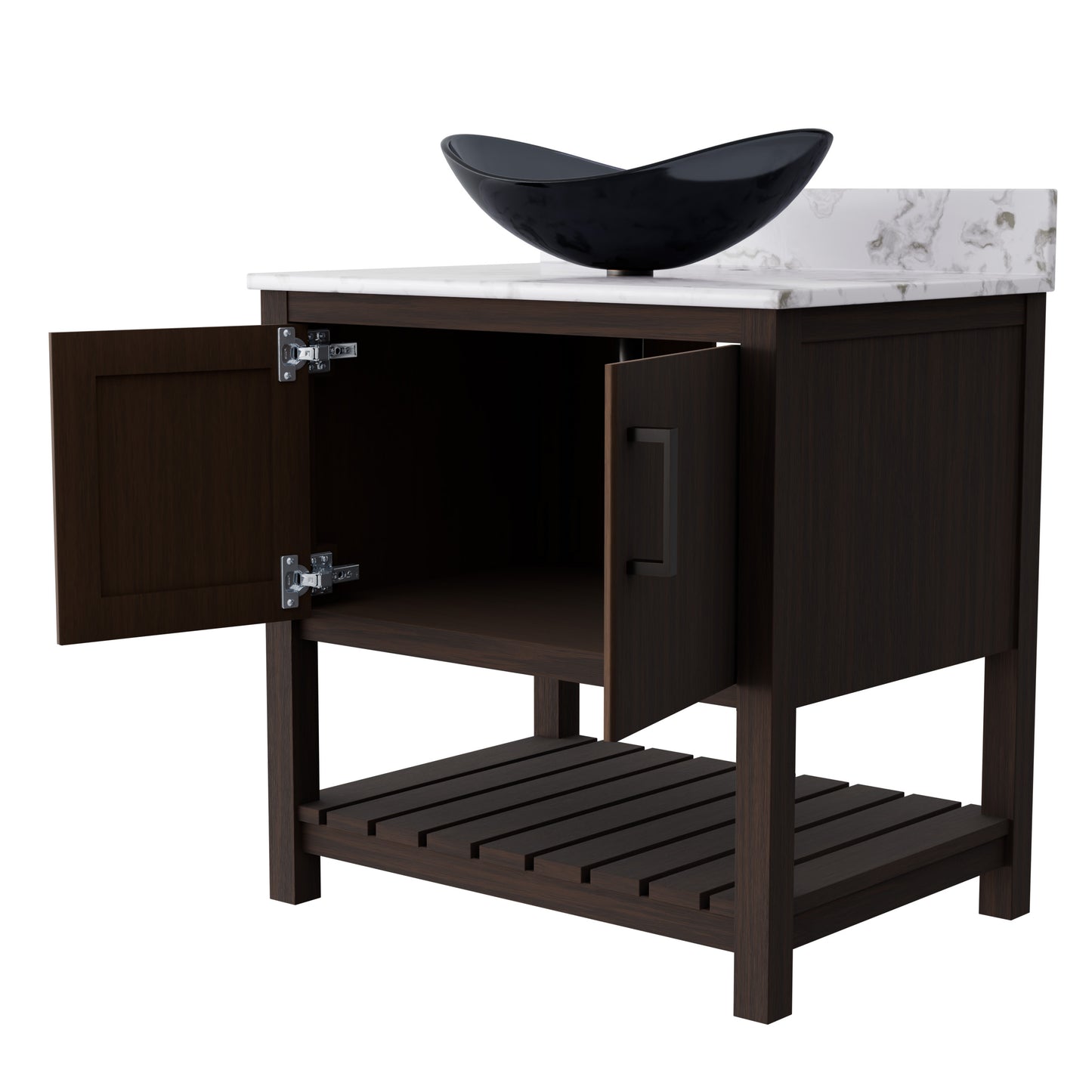 Novatto 30-inch bath vanity with café mocha quartz countertop and integrated sink, showcasing elegant bathroom accessory design.