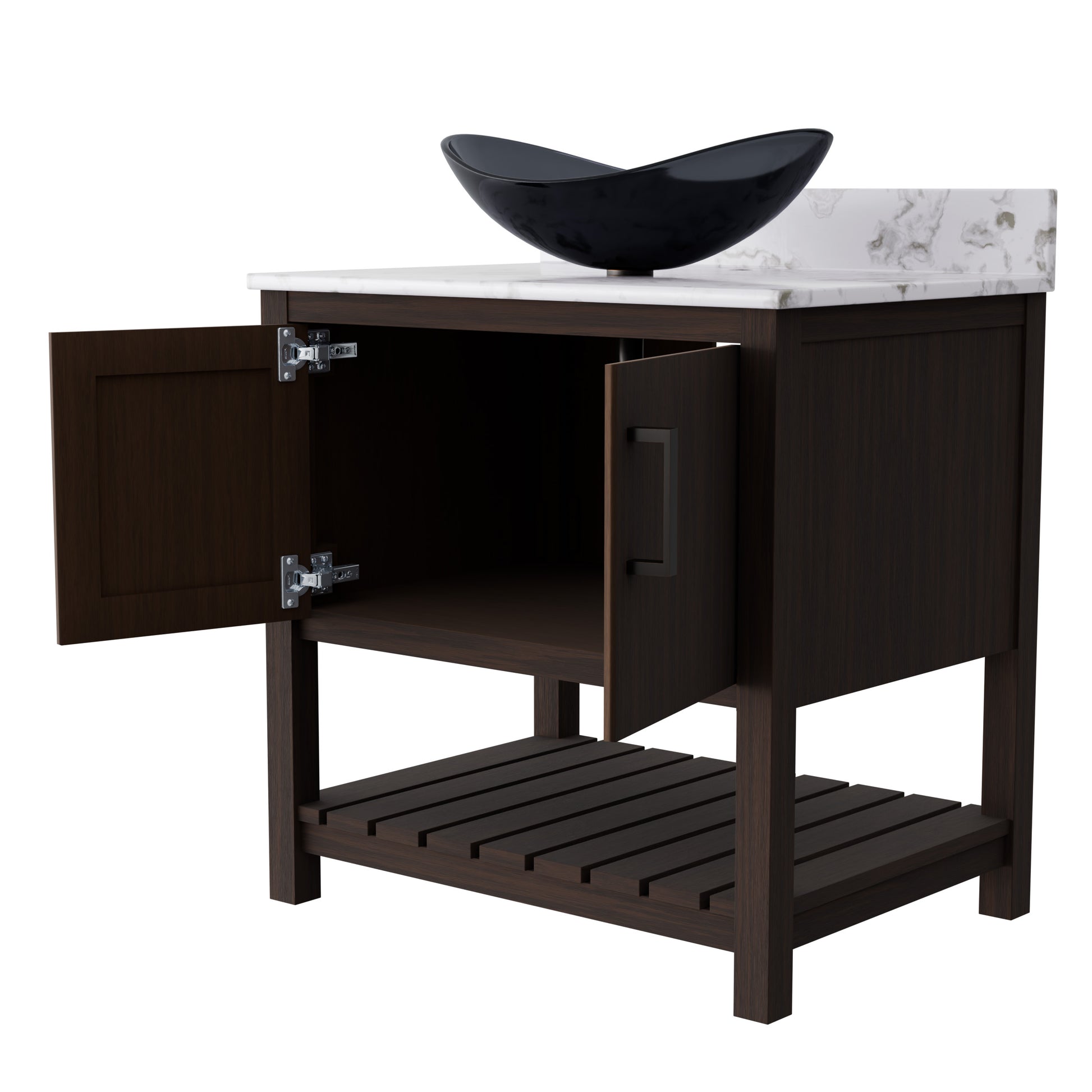 Novatto 30-inch bath vanity with café mocha quartz countertop and integrated sink, showcasing elegant bathroom accessory design.