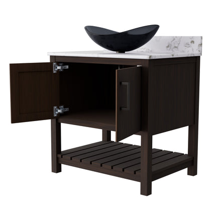 Novatto 30-inch bath vanity with café mocha quartz countertop and integrated sink, showcasing elegant bathroom accessory design.