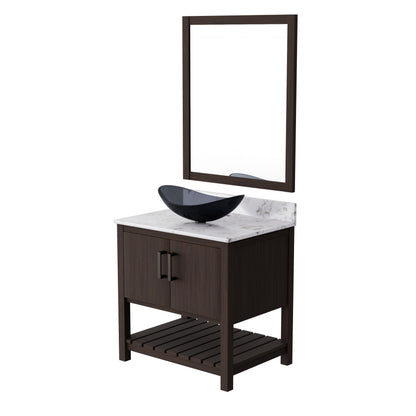 Novatto 30-inch bath vanity with café mocha quartz countertop and integrated sink, showcasing sleek bathroom accessory design