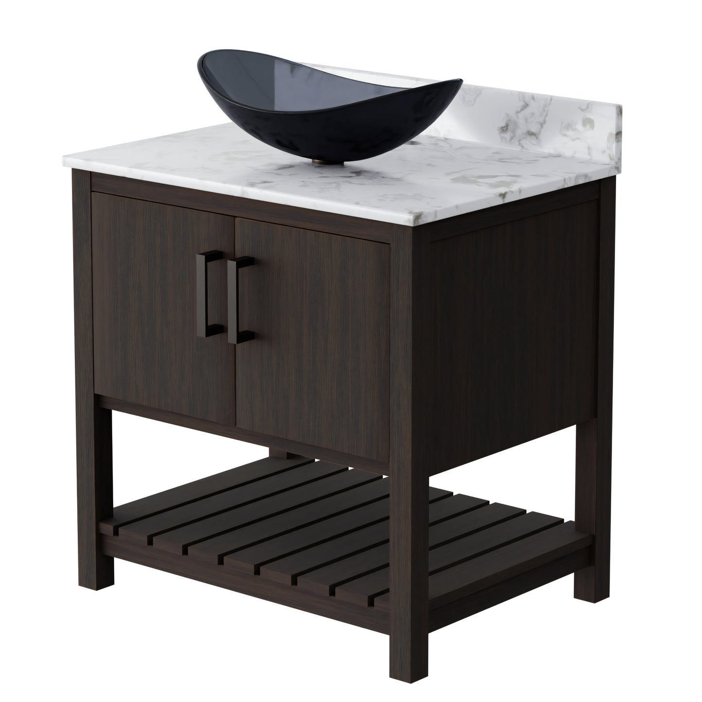 30-inch Novatto bath vanity with café mocha quartz counter and sink, showcasing a stylish bathroom accessory.