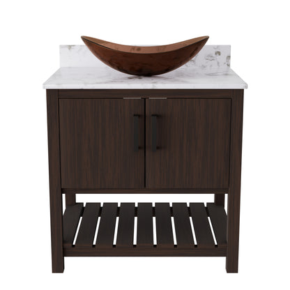 30-inch Novatto bath vanity with café mocha quartz countertop and sink, showcasing elegant accessory design and finish.
