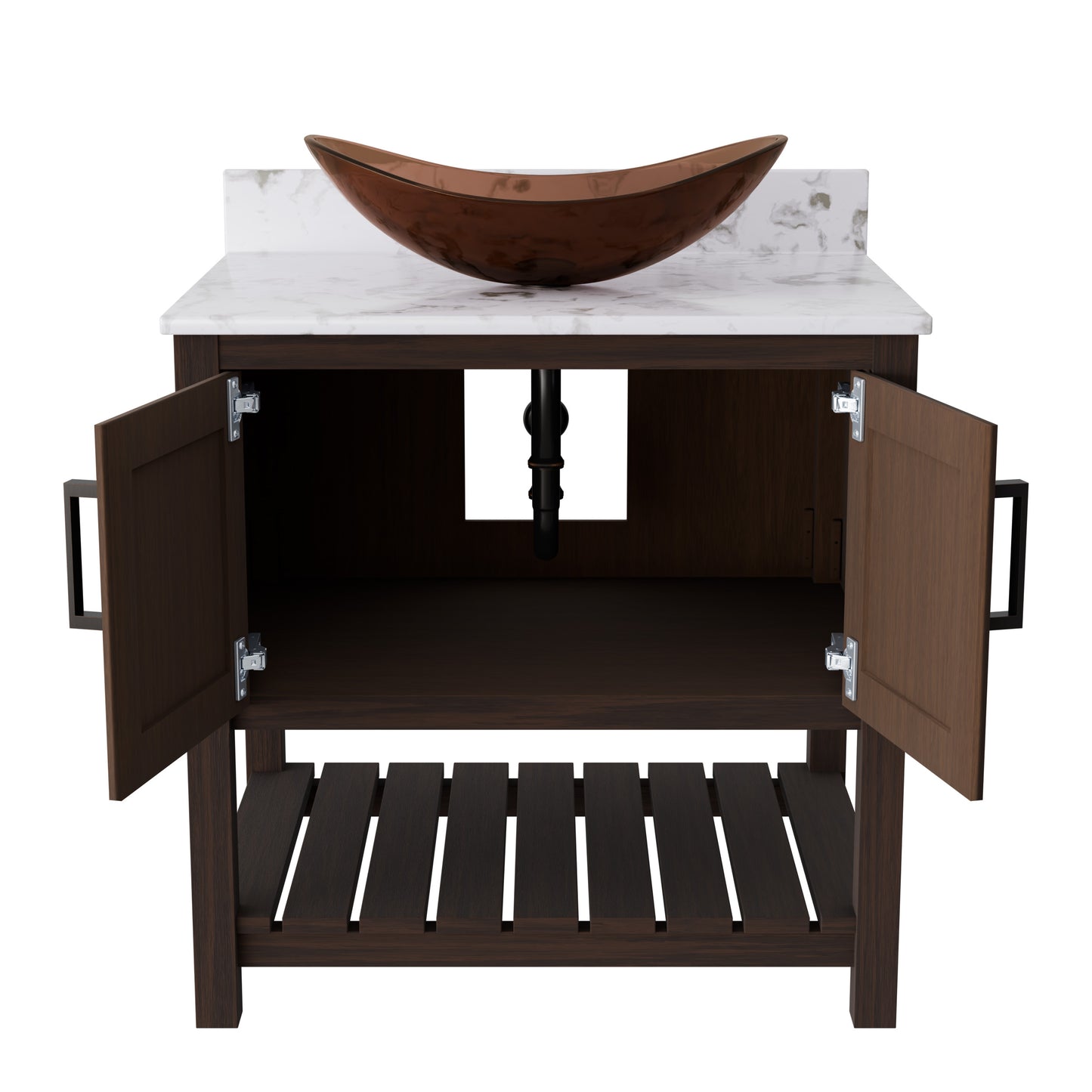 30-inch Novatto bath vanity with café mocha quartz counter and integrated sink, showcasing the elegant accessory design.