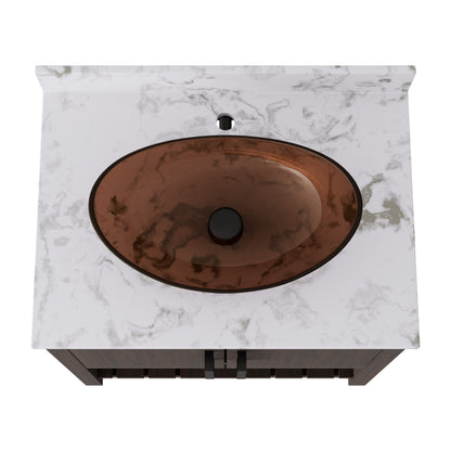 30-inch Novatto bath vanity with café mocha quartz countertop and integrated sink, showcasing elegant bathroom accessory design.
