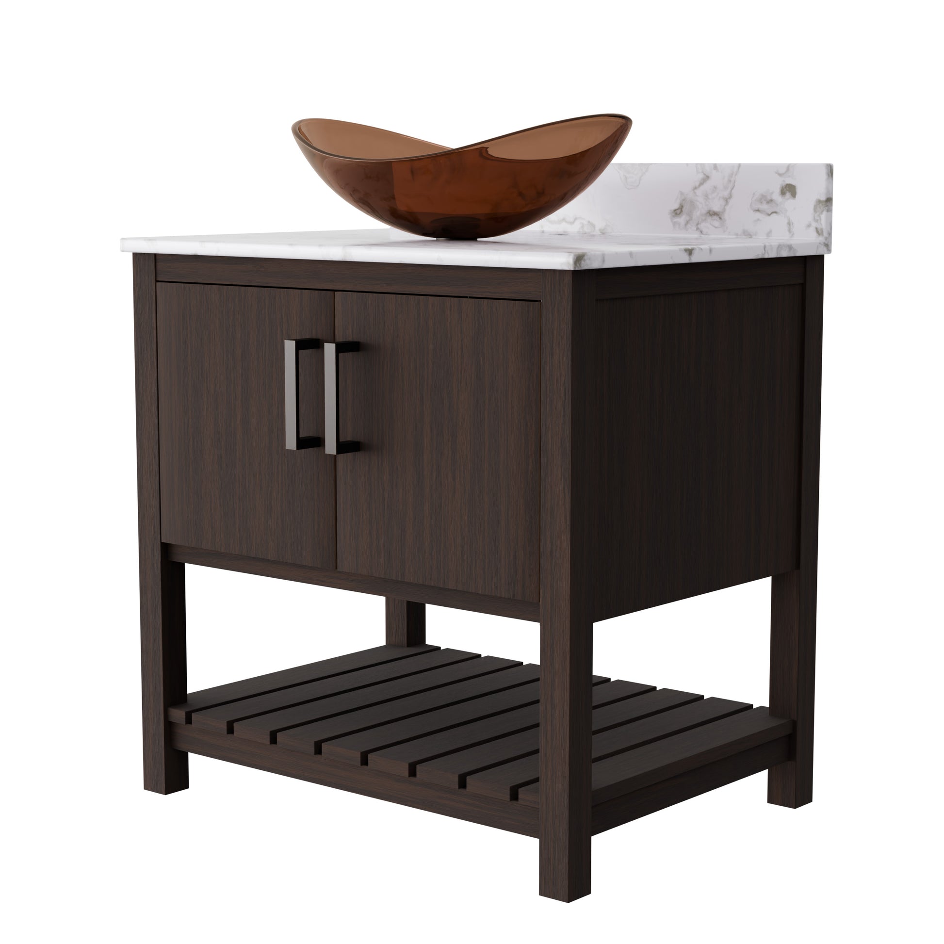 30-inch Novatto bath vanity with café mocha quartz countertop and sink, showcasing its sleek, modern bathroom accessory design.