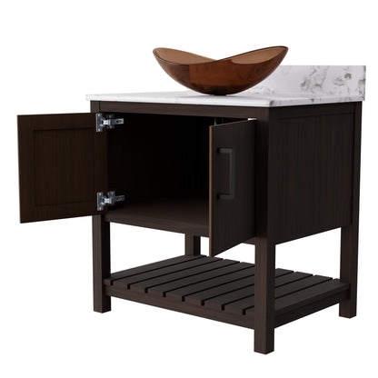 30-inch Novatto bath vanity with café mocha quartz countertop and integrated sink, stylish bathroom accessory.