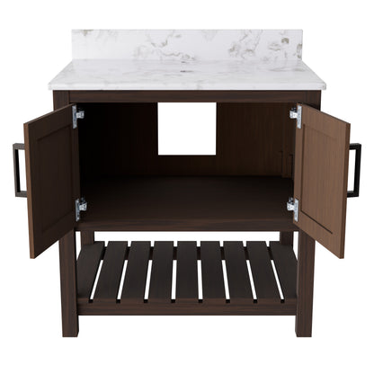 30-inch Novatto vanity with Café Mocha quartz countertop, showcasing its elegant bathroom accessory design.