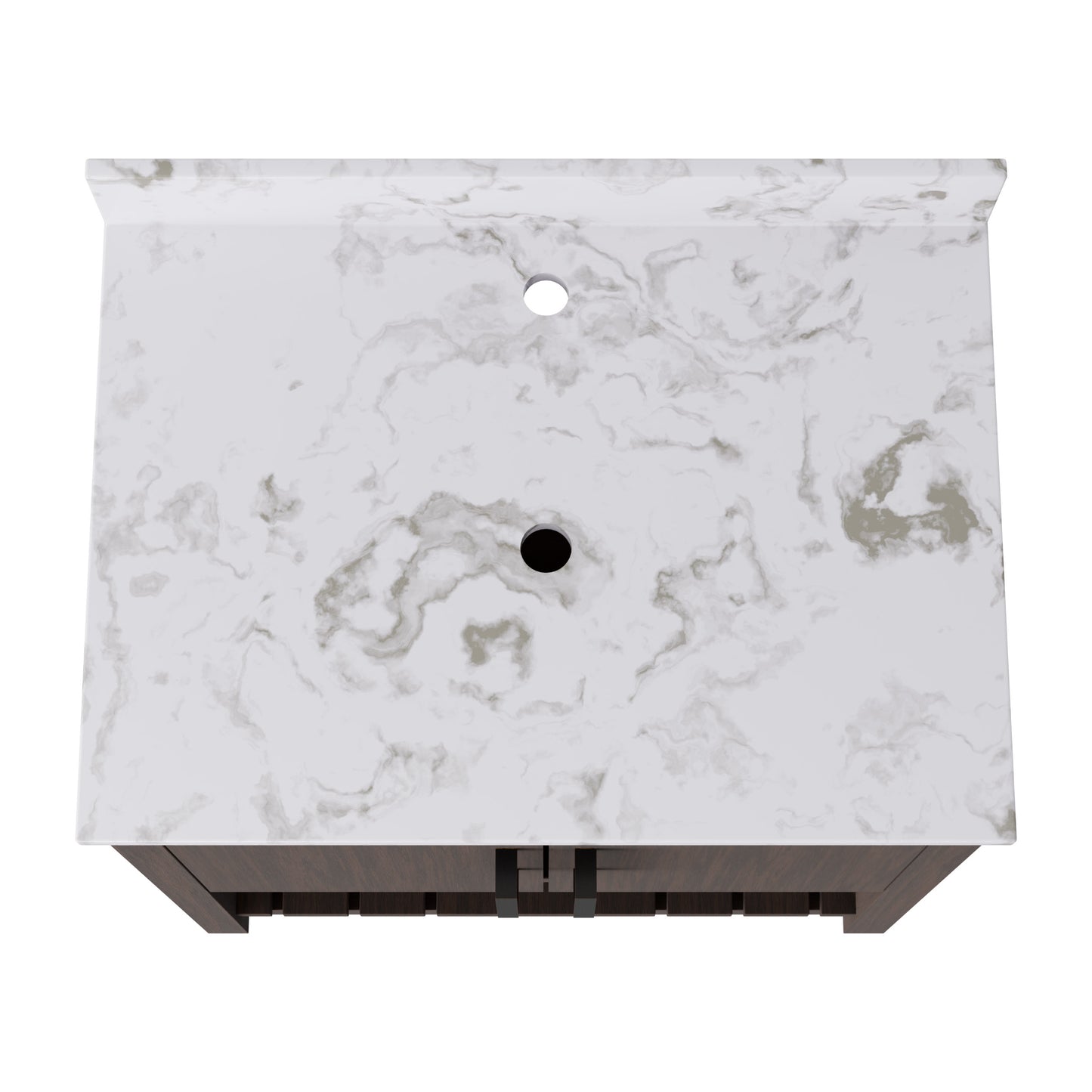 30-inch vanity with café mocha quartz countertop by Novatto, showcasing polished surface and modern bathroom accessory design.