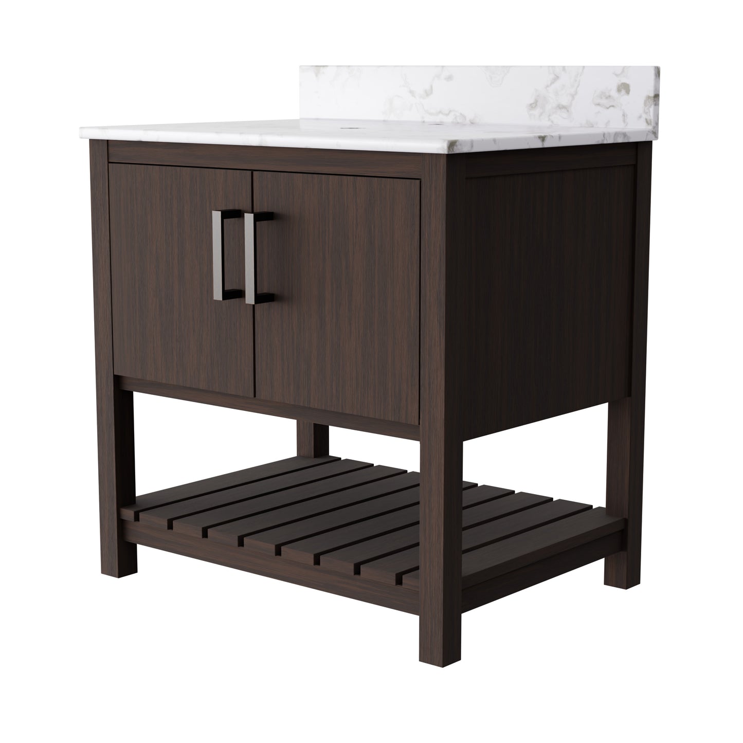 30-inch Novatto vanity with café mocha quartz countertop, showcasing sleek bathroom accessory design.