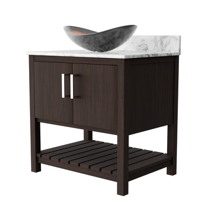 30-inch Novatto bath vanity with Carrara white marble countertop and integrated sink, showcasing elegant bathroom accessory design.