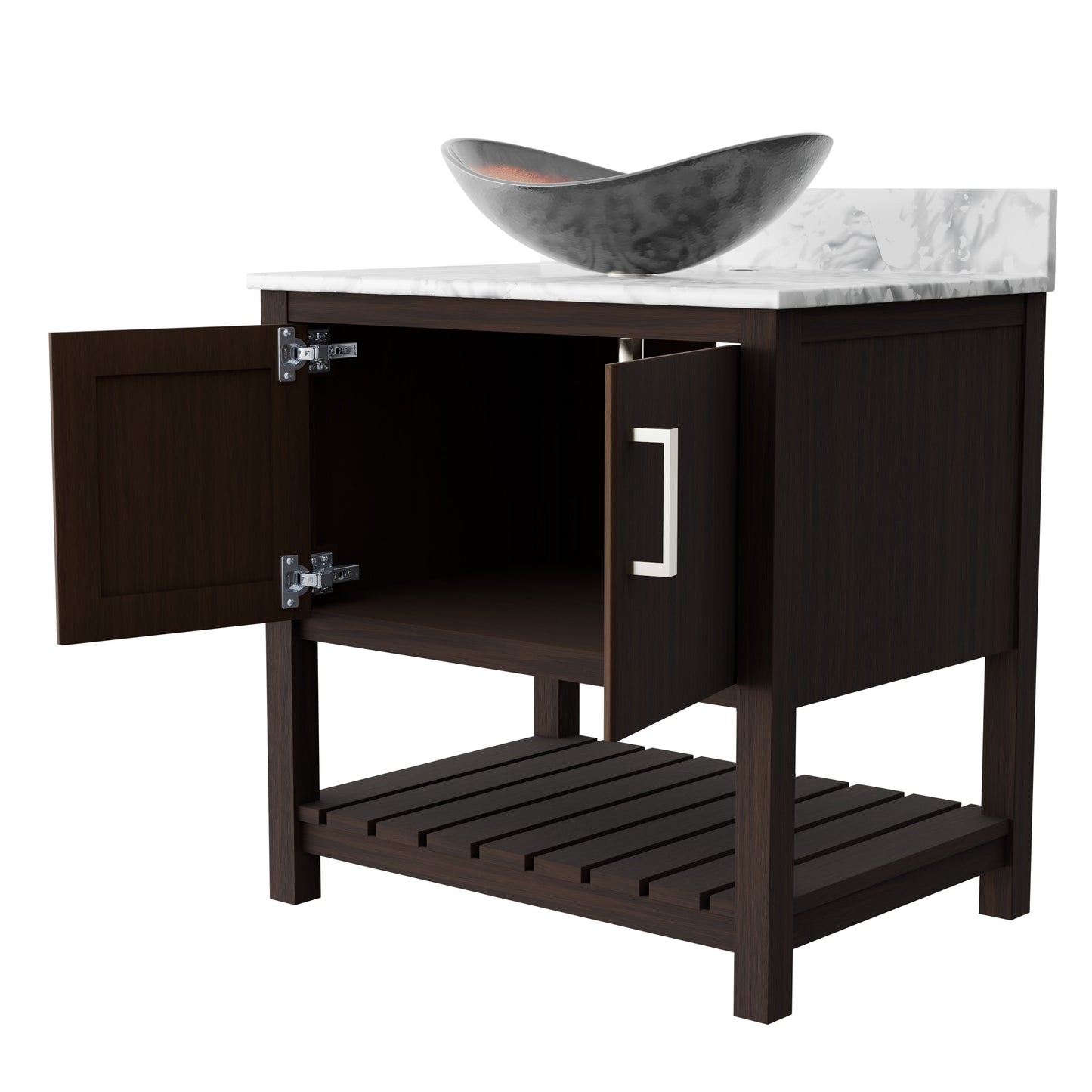 30-inch Novatto bathroom vanity with Carrara white marble countertop and integrated sink, showcasing elegant natural stone details.