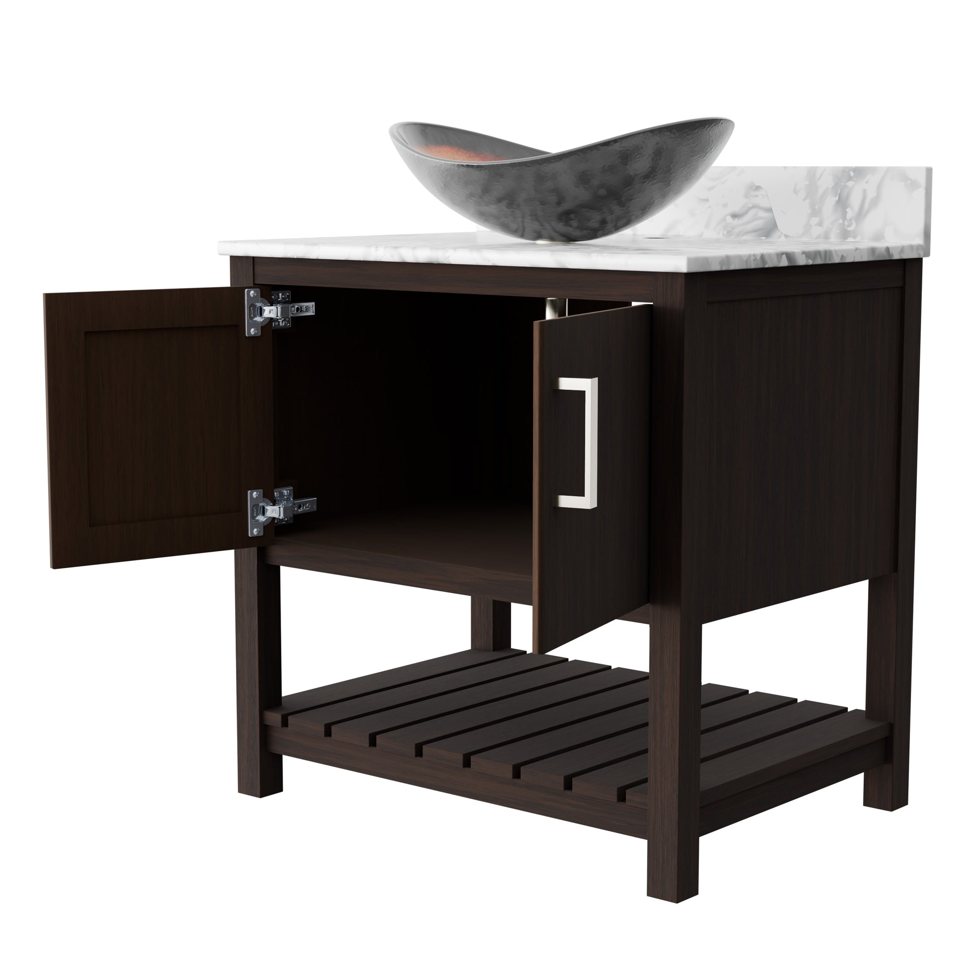 30-inch Novatto bathroom vanity with Carrara white marble countertop and integrated sink, showcasing elegant natural stone details.