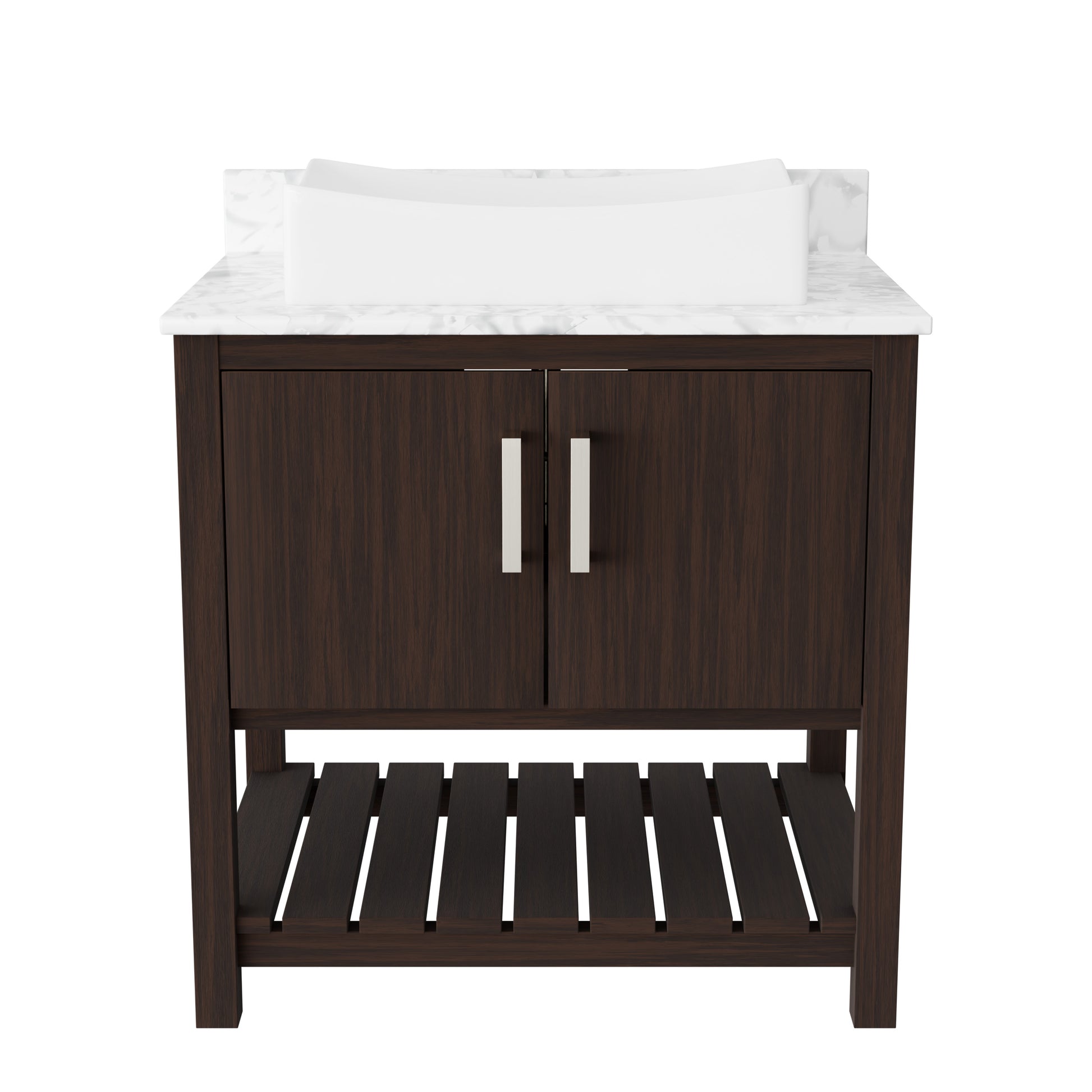 Novatto 30-inch bathroom vanity with Carrara white marble countertop and sink, modern accessory for stylish bathrooms.