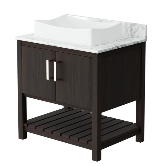 30-inch Novatto bath vanity with Carrara white marble countertop and sink, showcasing sleek design and elegant natural stone surface.