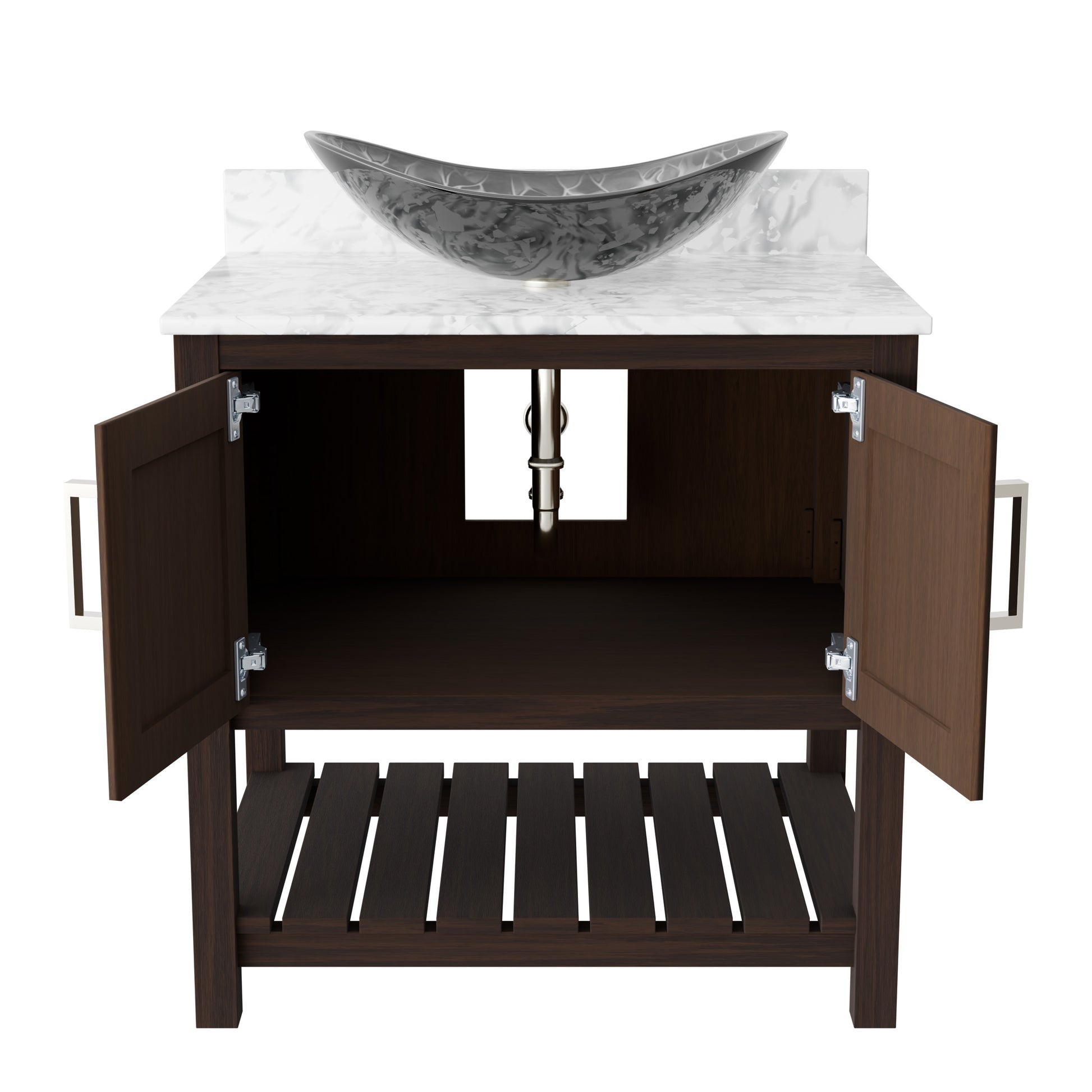 30-inch Novatto bath vanity with Carrara white marble countertop and integrated sink, showcasing elegant bathroom accessory design.