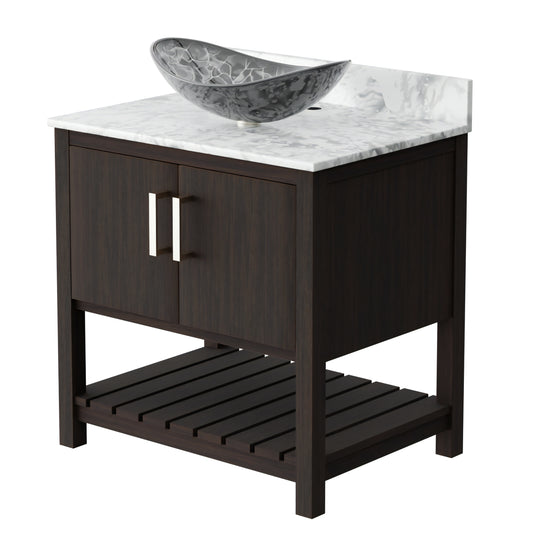 30-inch Novatto bath vanity with Carrara White marble countertop and integrated sink, showcasing elegant bathroom accessory.