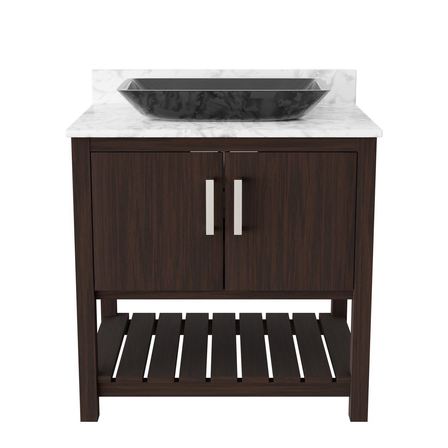 Novatto 30-inch bathroom vanity with Carrara white marble countertop and sink, showcasing elegant bathroom accessory design.