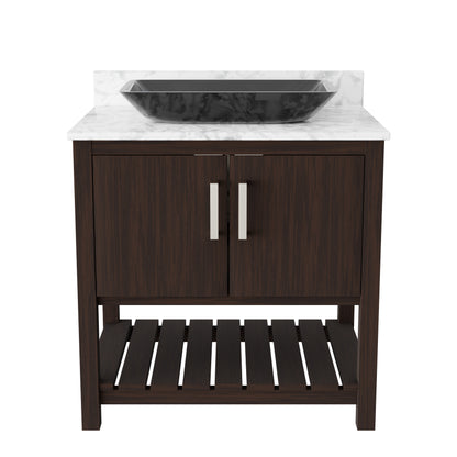 Novatto 30-inch bathroom vanity with Carrara white marble countertop and sink, showcasing elegant bathroom accessory design.