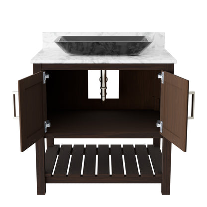 30-inch Novatto bath vanity with Carrara white marble countertop and integrated sink, modern bathroom accessory.