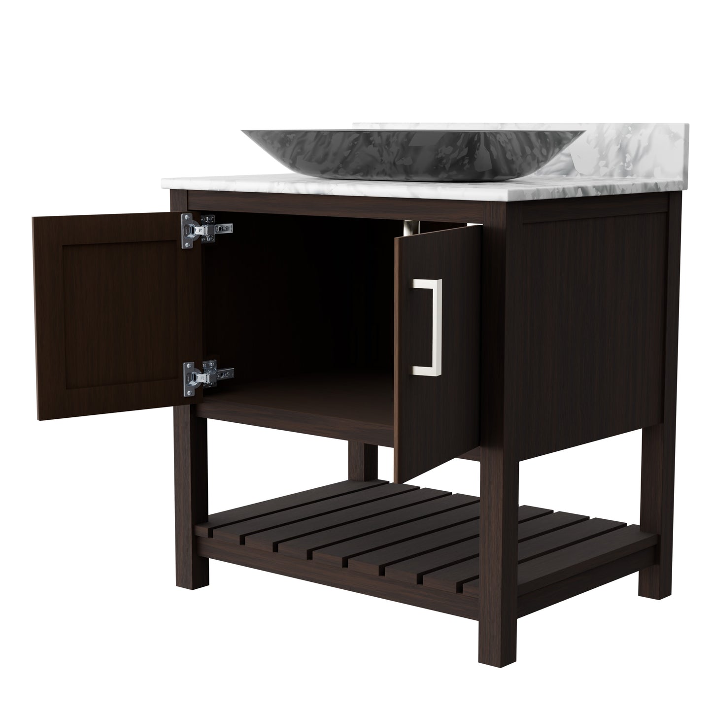 30-inch Novatto bath vanity with Carrara white marble counter and integrated sink, showcasing a sleek bathroom accessory design.