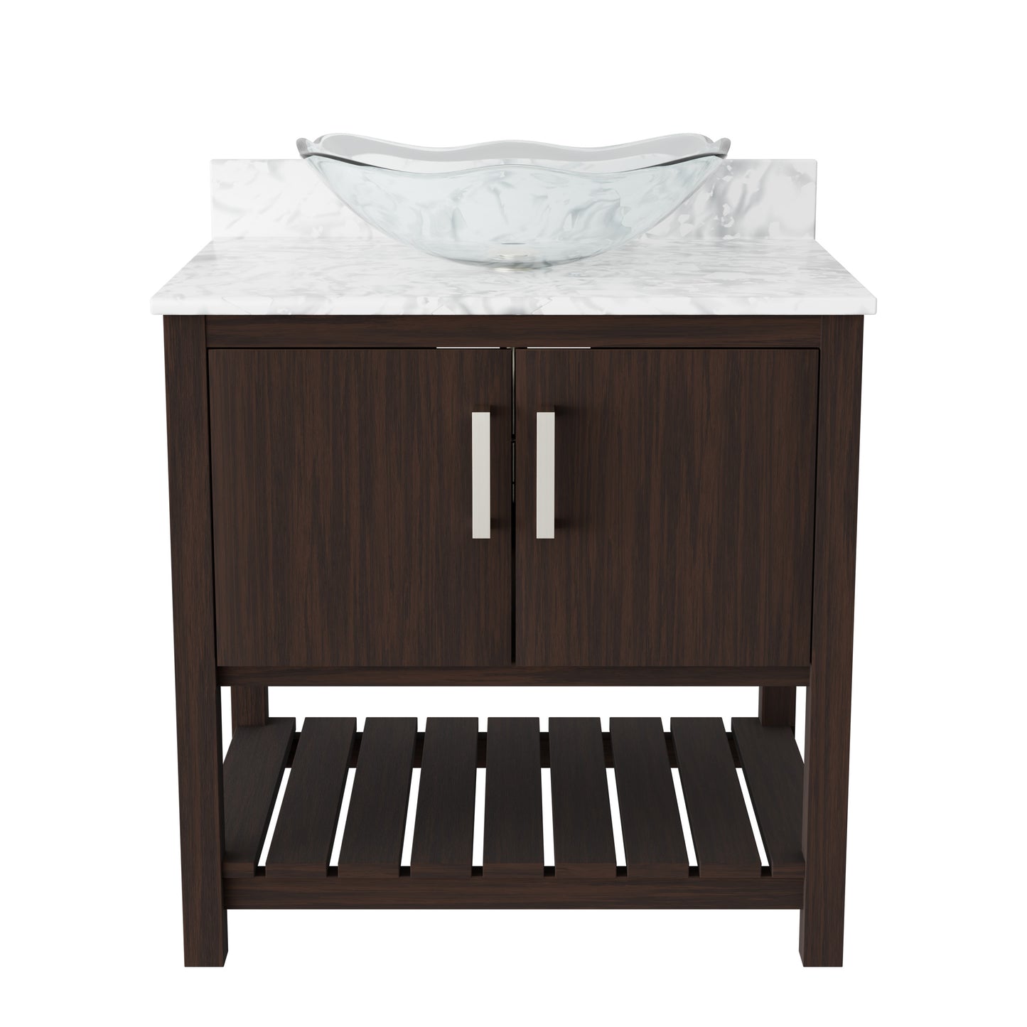 30-inch Novatto bath vanity with Carrara white marble countertop and integrated sink, showcasing elegant bathroom accessory.